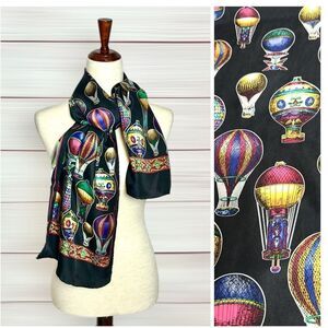 Hot Air Balloons Silk Scarf Black Rectangle 13.5x57” Hand Rolled made in Korea